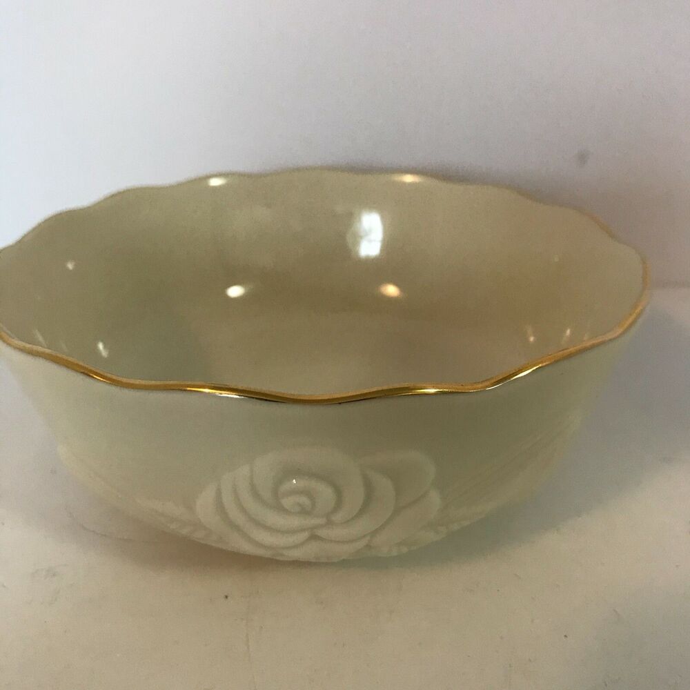 Lenox Ivory Bowl with Raised Rose and Ribbons Gold Scalloped Edge 5-1/2" Candy